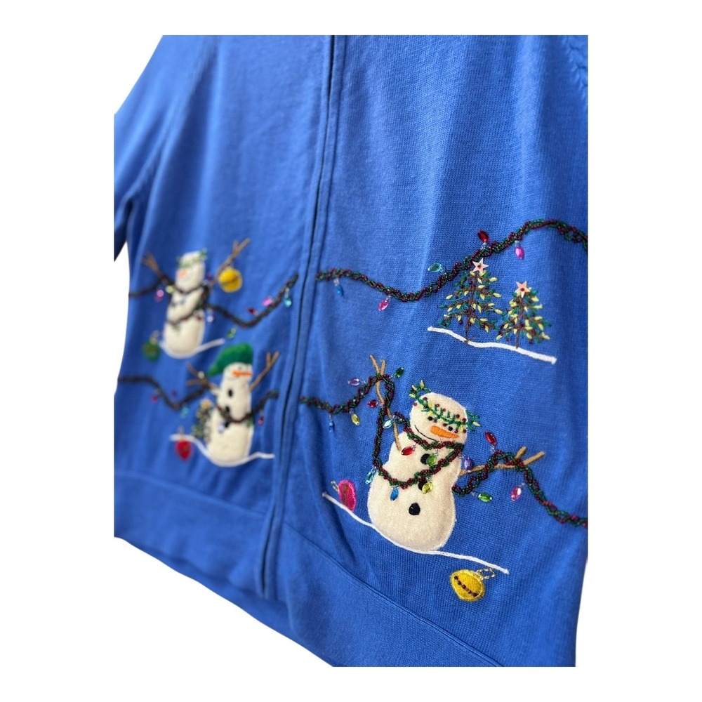 Vtg‎ Dressbarn Womens Christmas Cardigan S Blue Snowman Beaded Knit Ugly Sweater - Picture 5 of 10